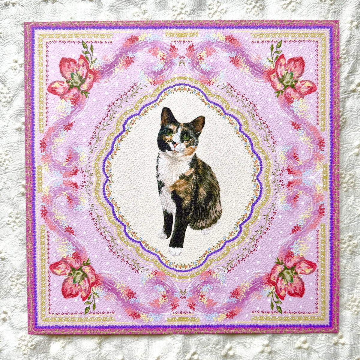 "Wisteria Petal Reverie" Black, White & Orange Calico Domestic Shorthair Cat Art Print