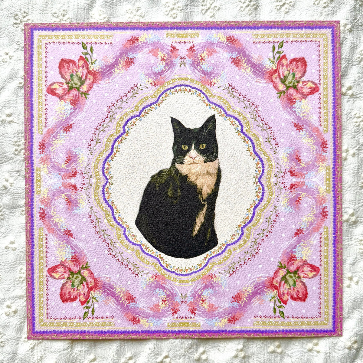"Wisteria Petal Reverie" Black & White Tuxedo Domestic Shorthair Cat Art Print