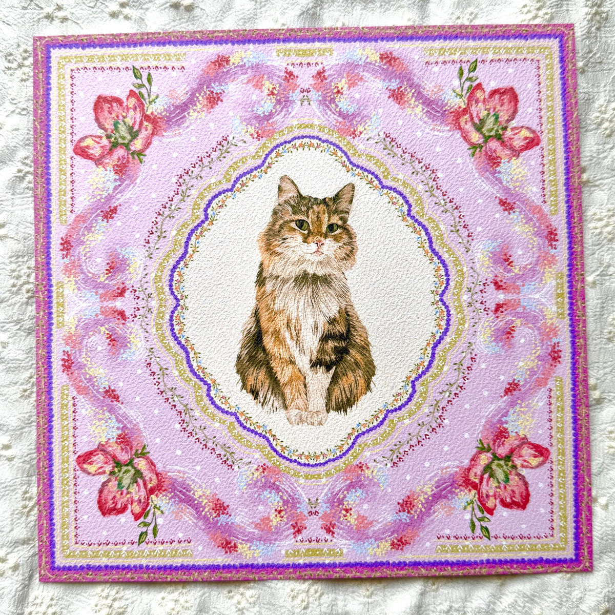 "Wisteria Petal Reverie" Brown Tabby & White Domestic Long-Haired Cat Art Print