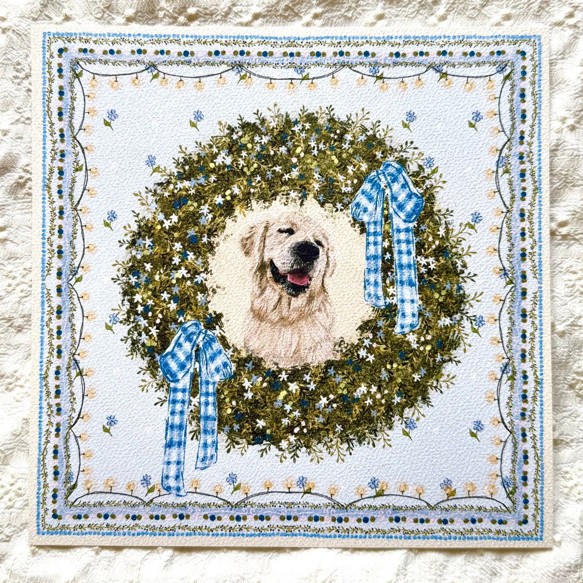 "Winter Wreath" English Cream Golden Retriever Christmas Art Print