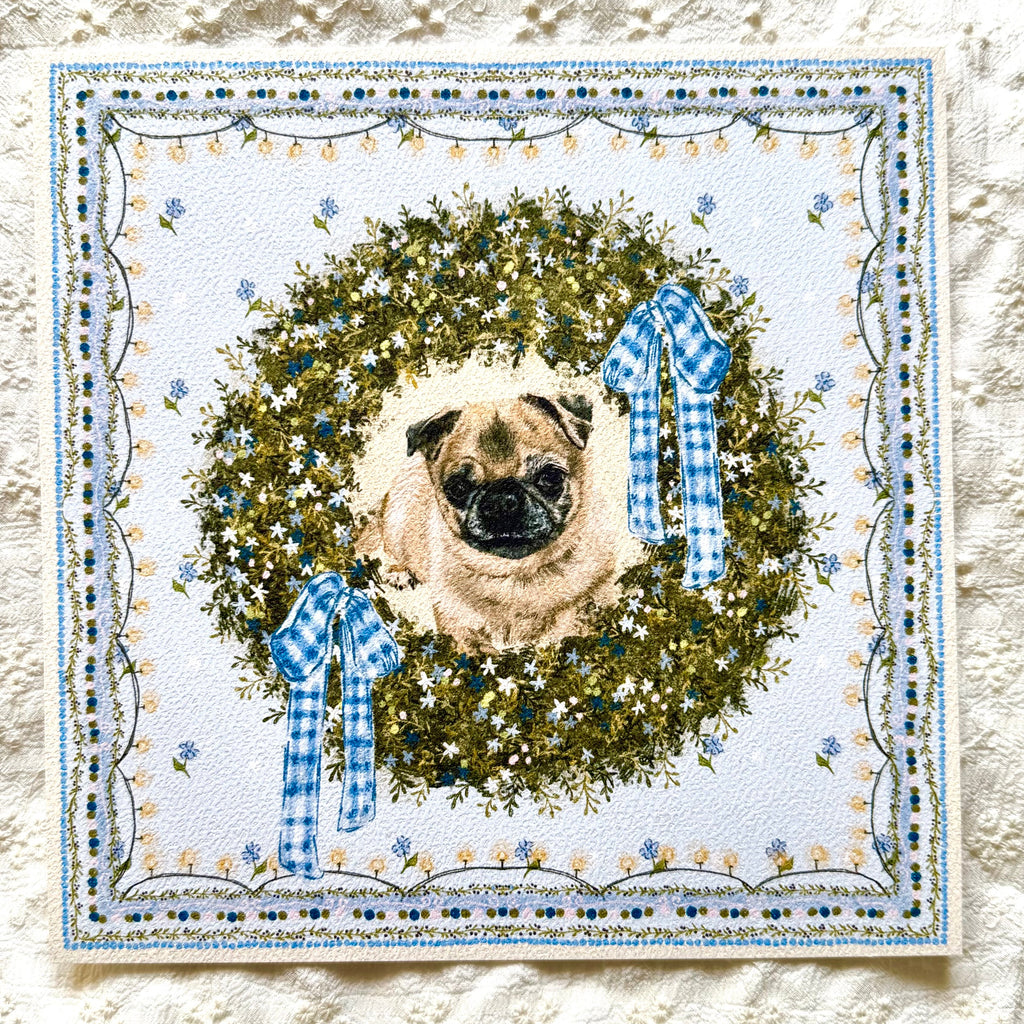 "Winter Wreath" Fawn Pug Christmas Art Print