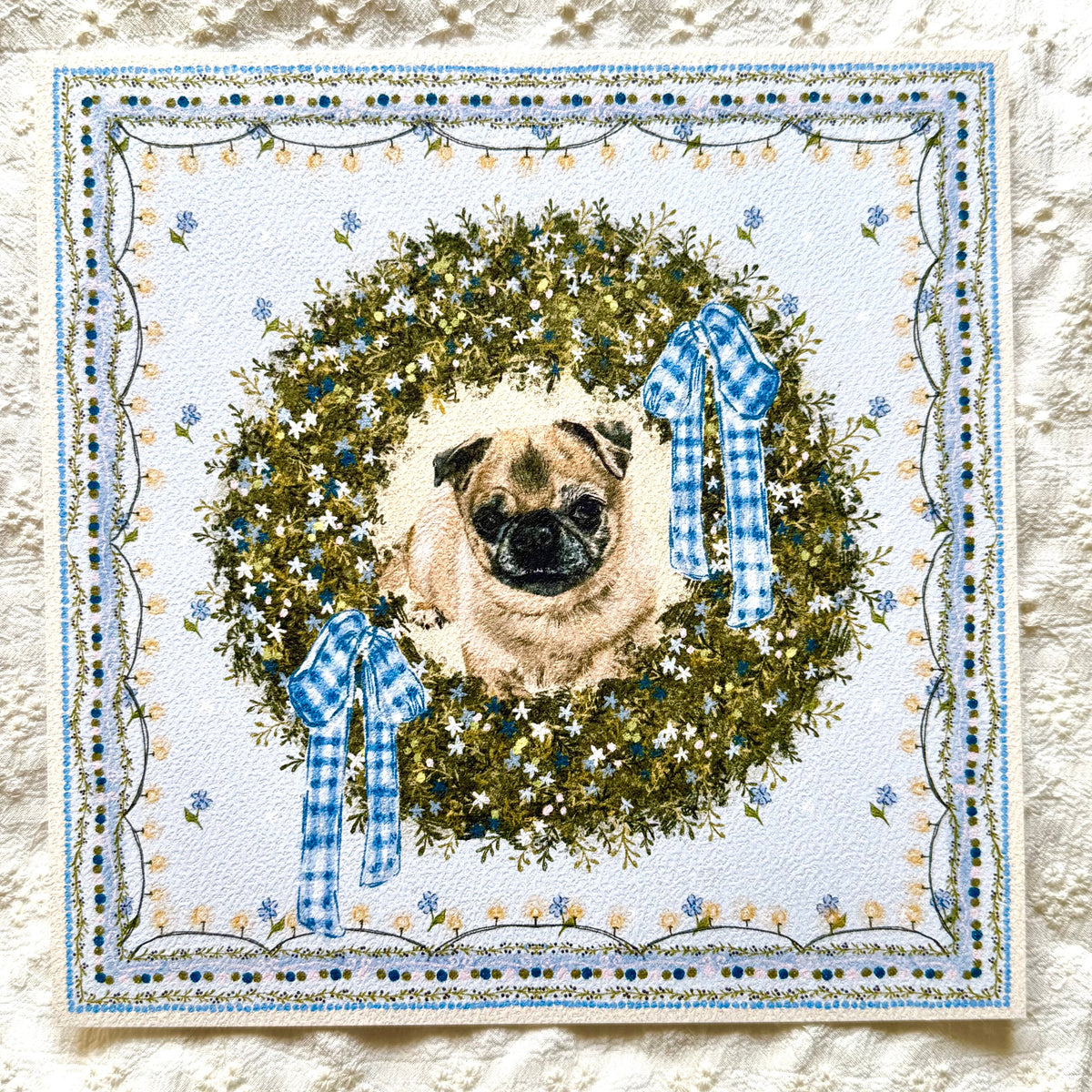 "Winter Wreath" Fawn Pug Christmas Art Print