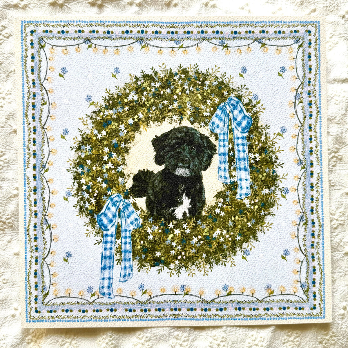 "Winter Wreath" Black & White Shih-Poo (Shih Tzu x Poodle) Christmas Art Print