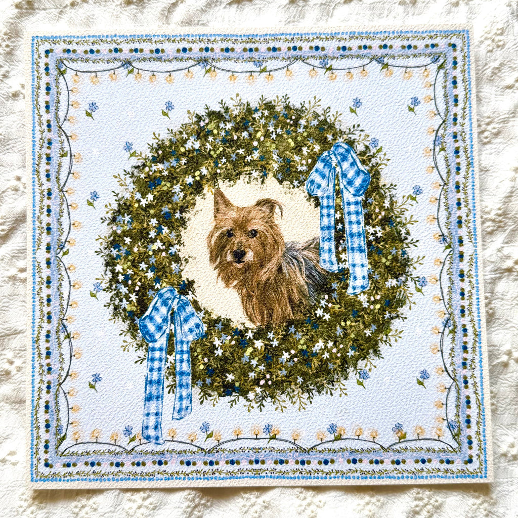 "Winter Wreath" Blue & Tan Yorkshire Terrier Christmas Art Print