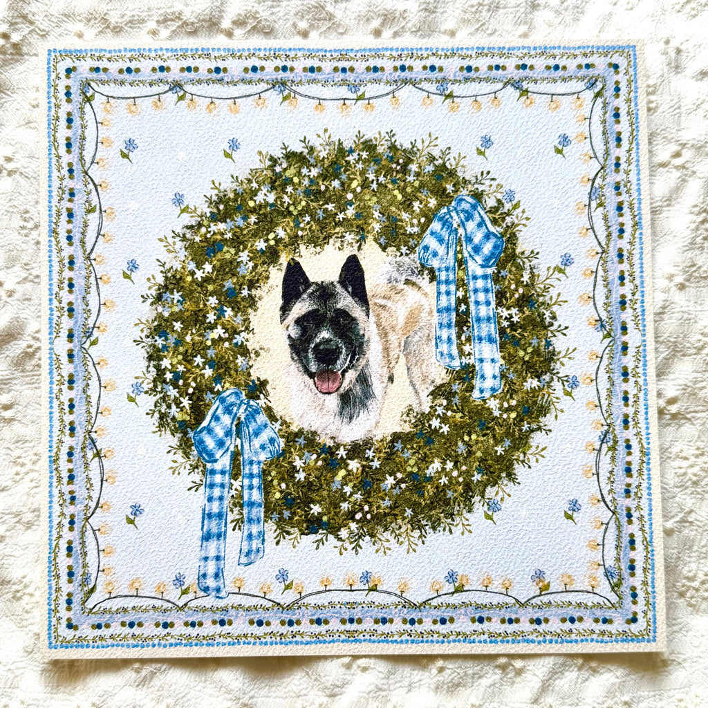 "Winter Wreath" Silver & White (with Black Mask) American Akita Christmas Art Print