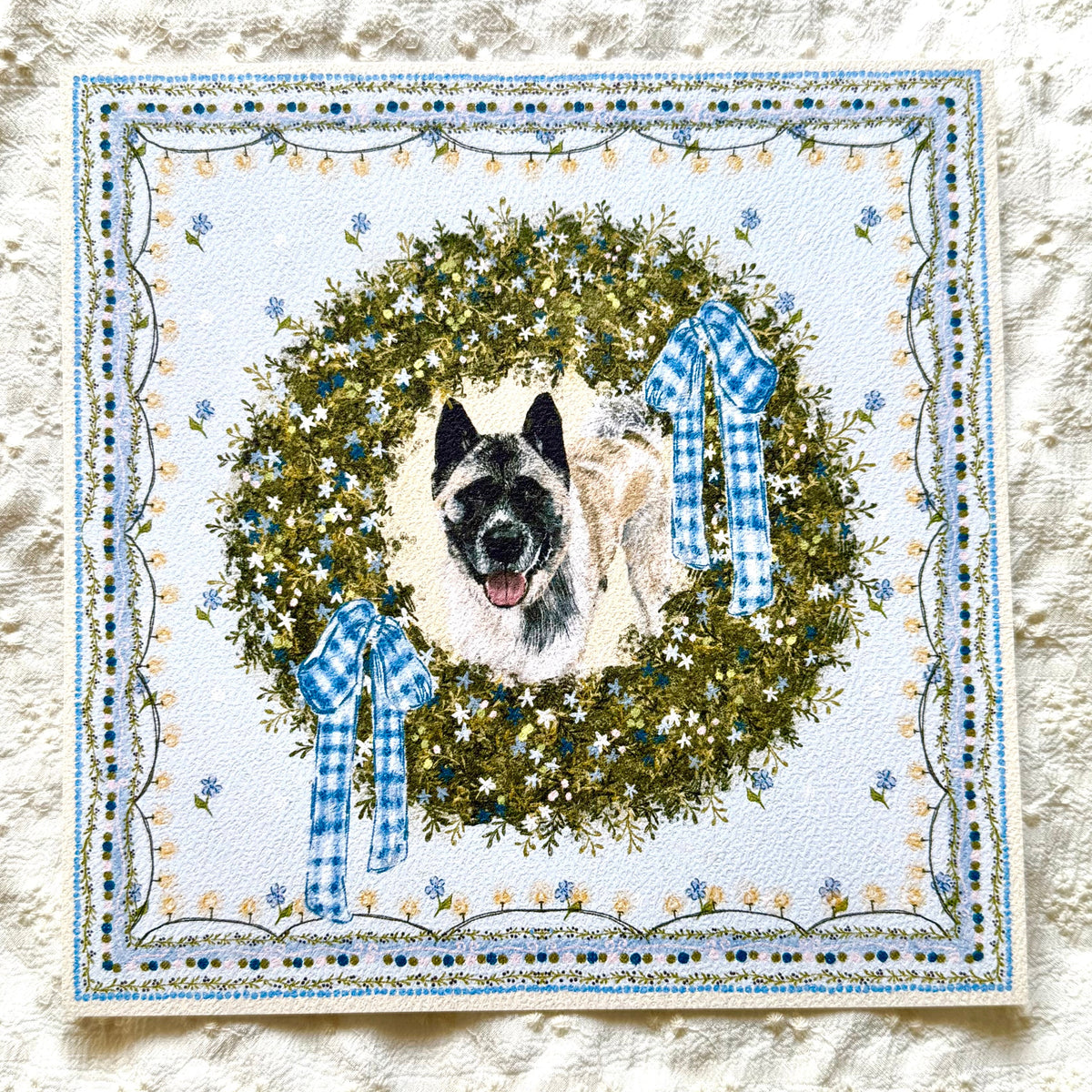 "Winter Wreath" Silver & White (with Black Mask) American Akita Christmas Art Print