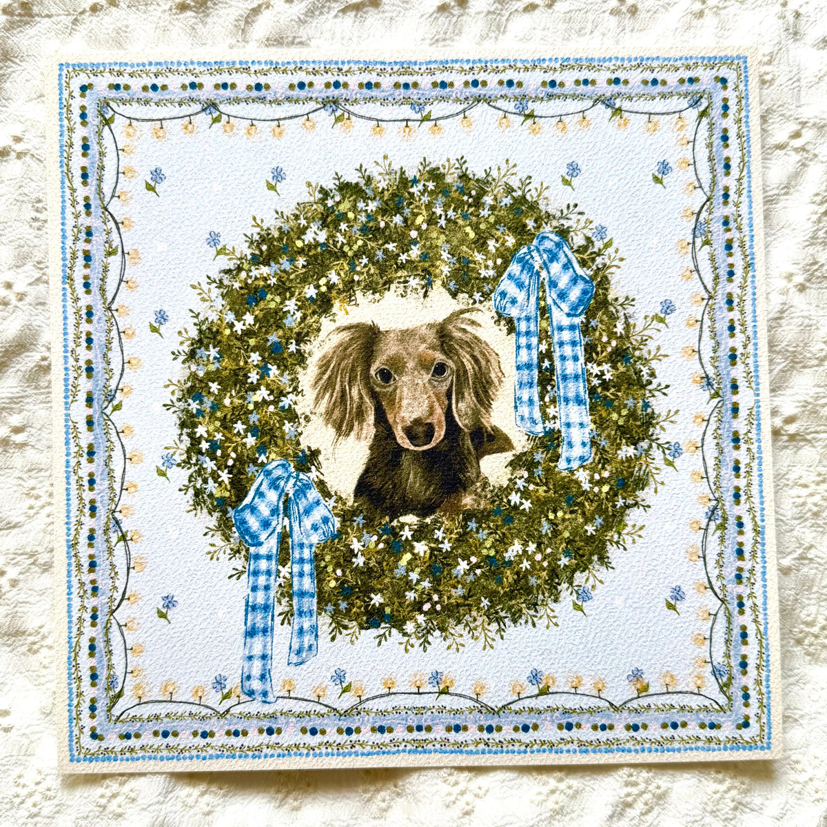 "Winter Wreath" Chocolate Dapple Long-Haired Dachshund Christmas Art Print