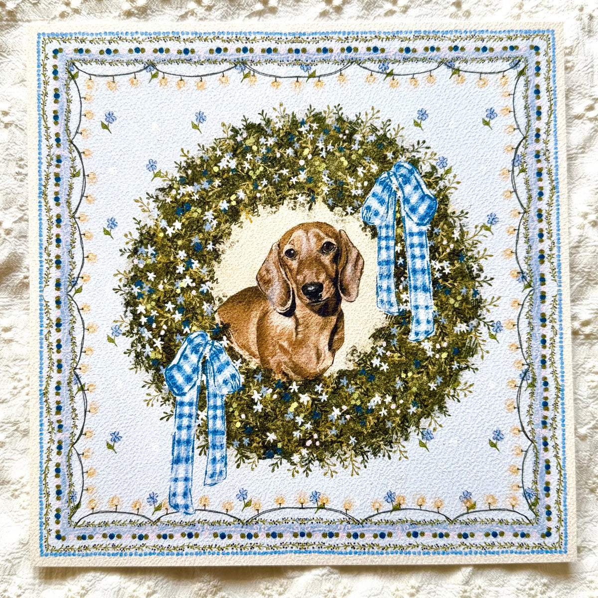 "Winter Wreath" Red Smooth-Haired Dachshund Christmas Art Print