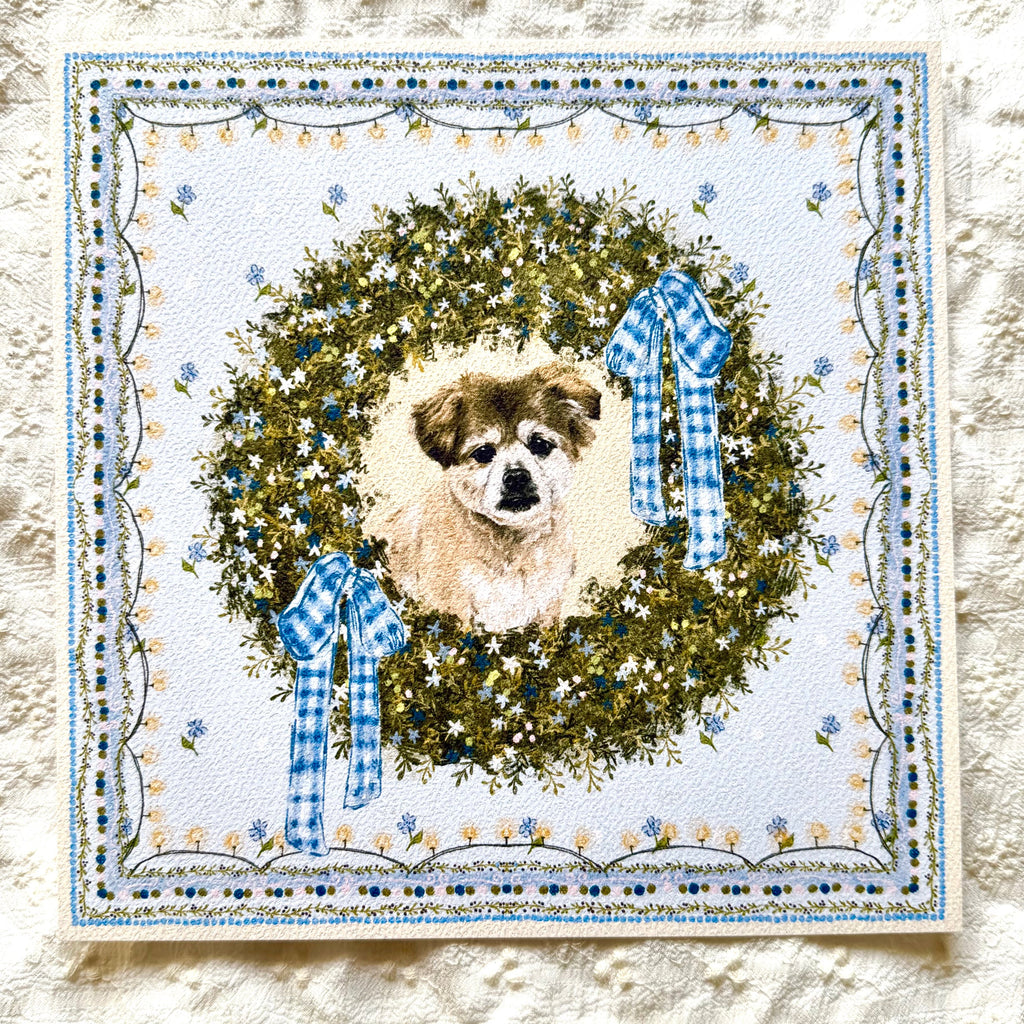 "Winter Wreath" Cream & Tan Shiranian (Pomeranian x Shih Tzu) Christmas Art Print