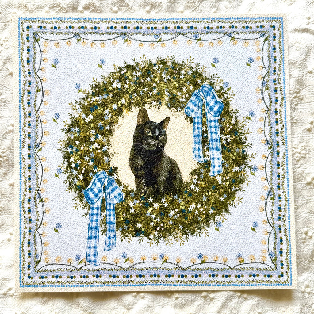 "Winter Wreath" Black Domestic Shorthair Cat Christmas Art Print