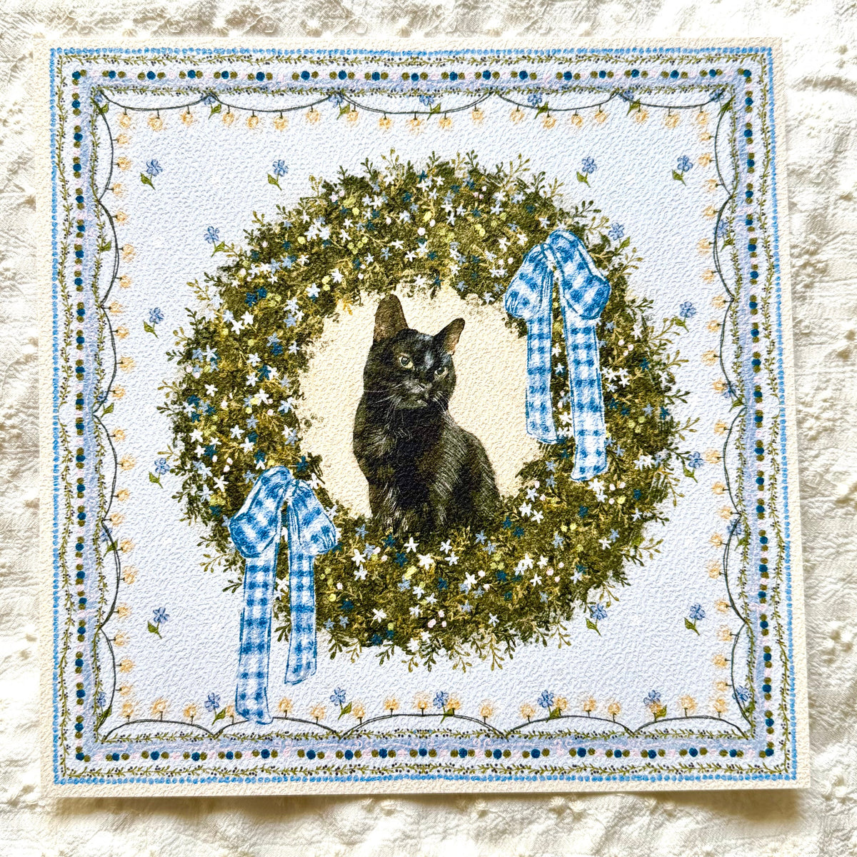 "Winter Wreath" Black Domestic Shorthair Cat Christmas Art Print