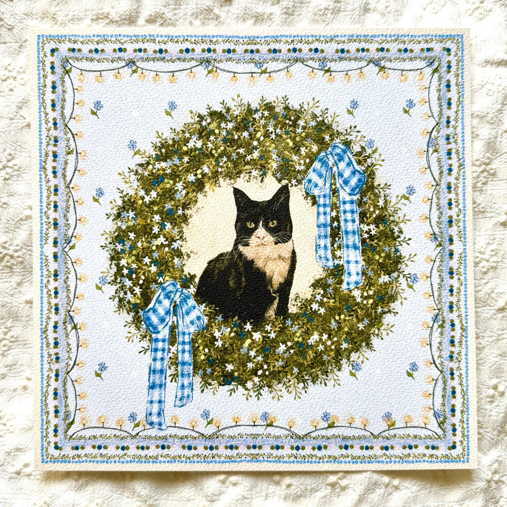 "Winter Wreath" Black & White Tuxedo Domestic Shorthair Cat Christmas Art Print