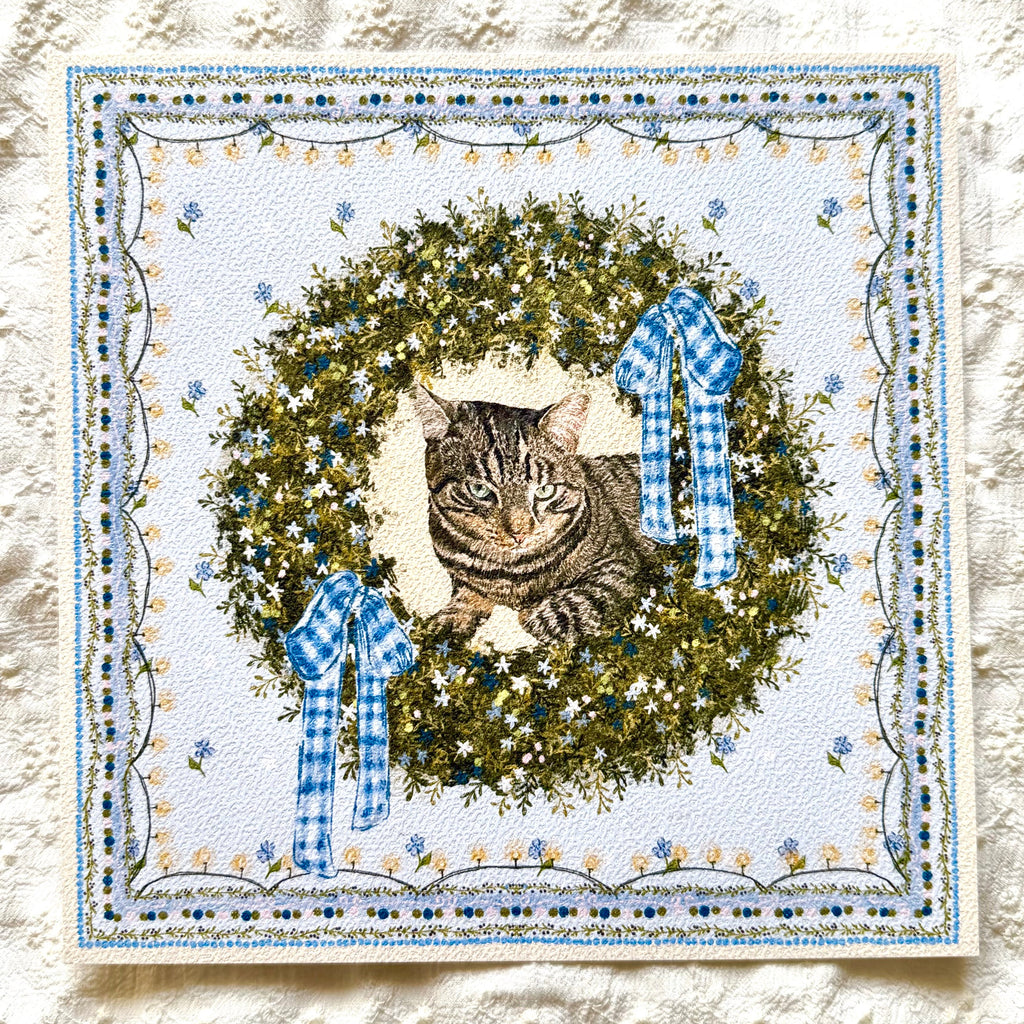 "Winter Wreath" Brown Tabby Domestic Shorthair Cat Christmas Art Print