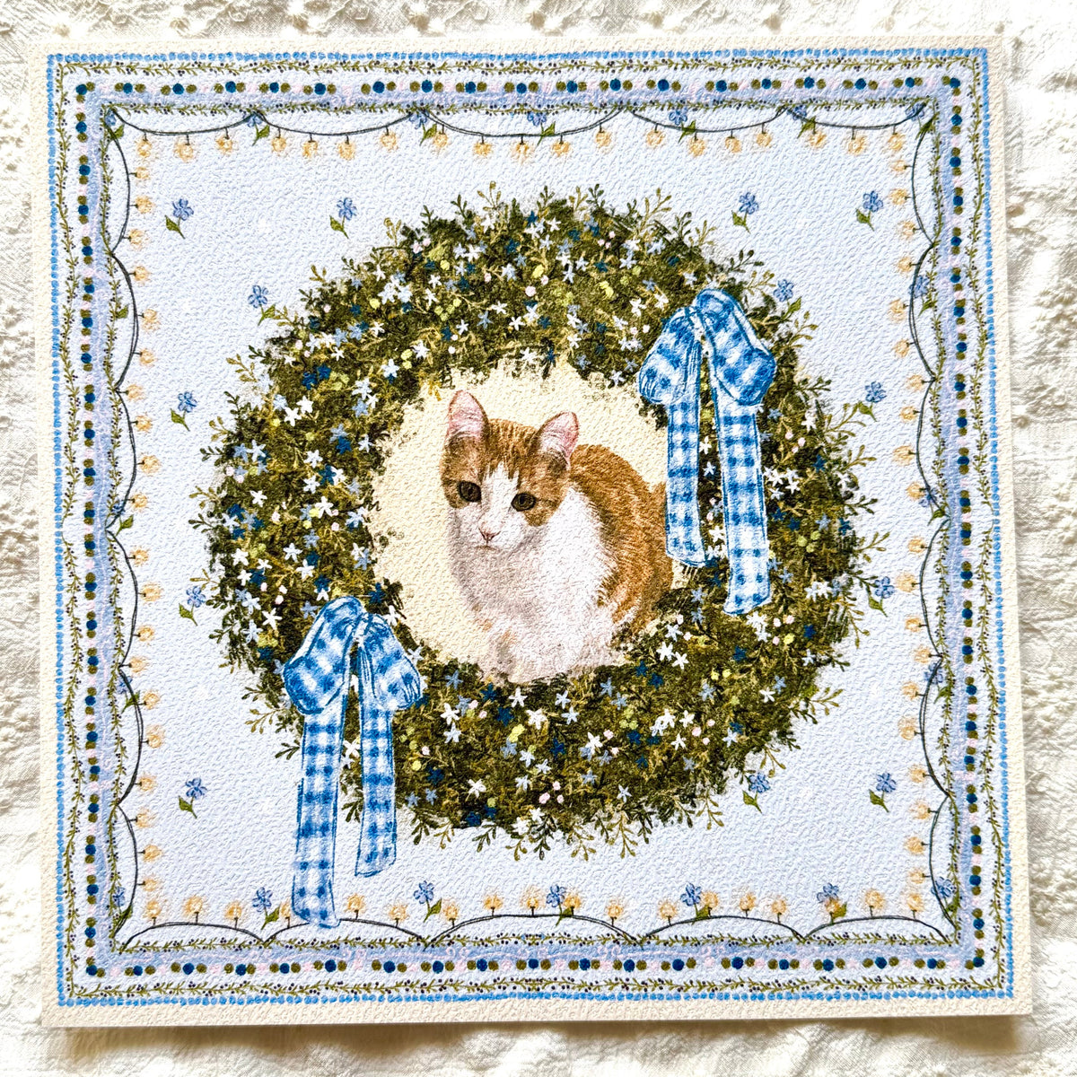 "Winter Wreath" Ginger & White Tabby Domestic Shorthair Cat Christmas Art Print