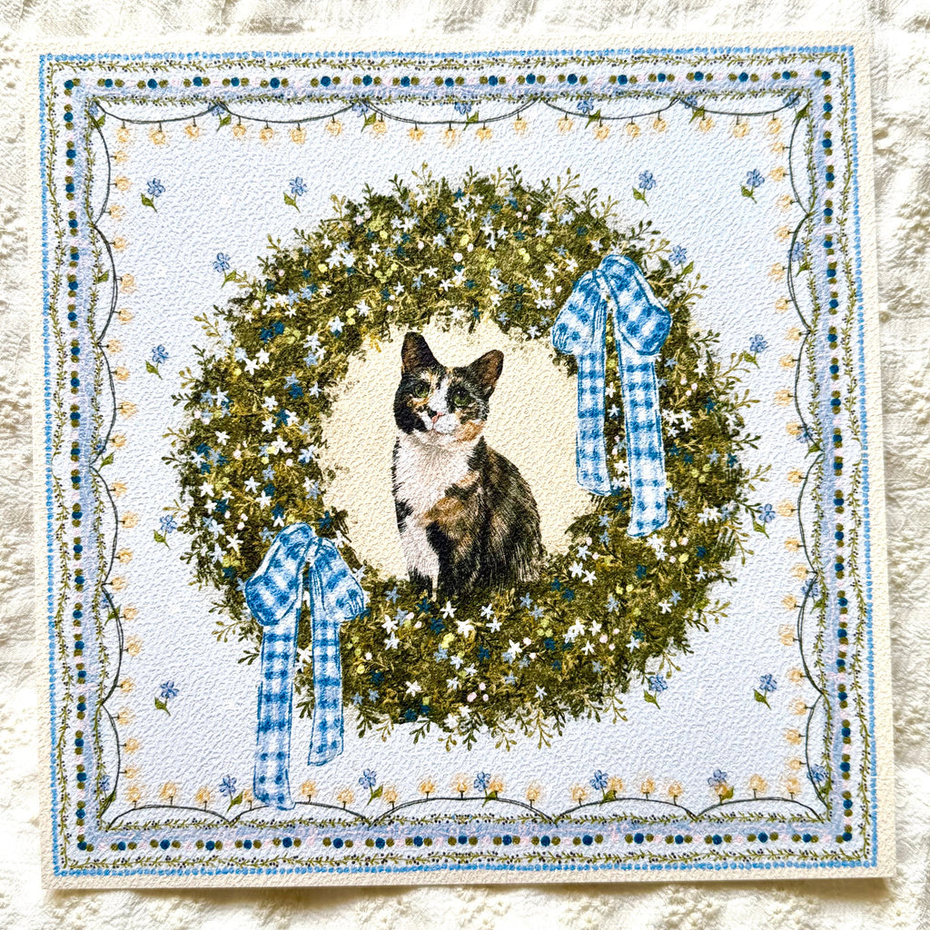 "Winter Wreath" Black, White & Orange Calico Domestic Shorthair Cat Christmas Art Print