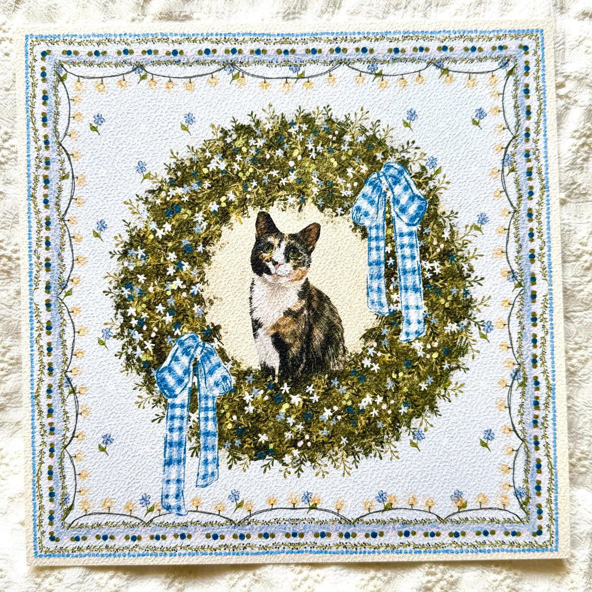 "Winter Wreath" Black, White & Orange Calico Domestic Shorthair Cat Christmas Art Print