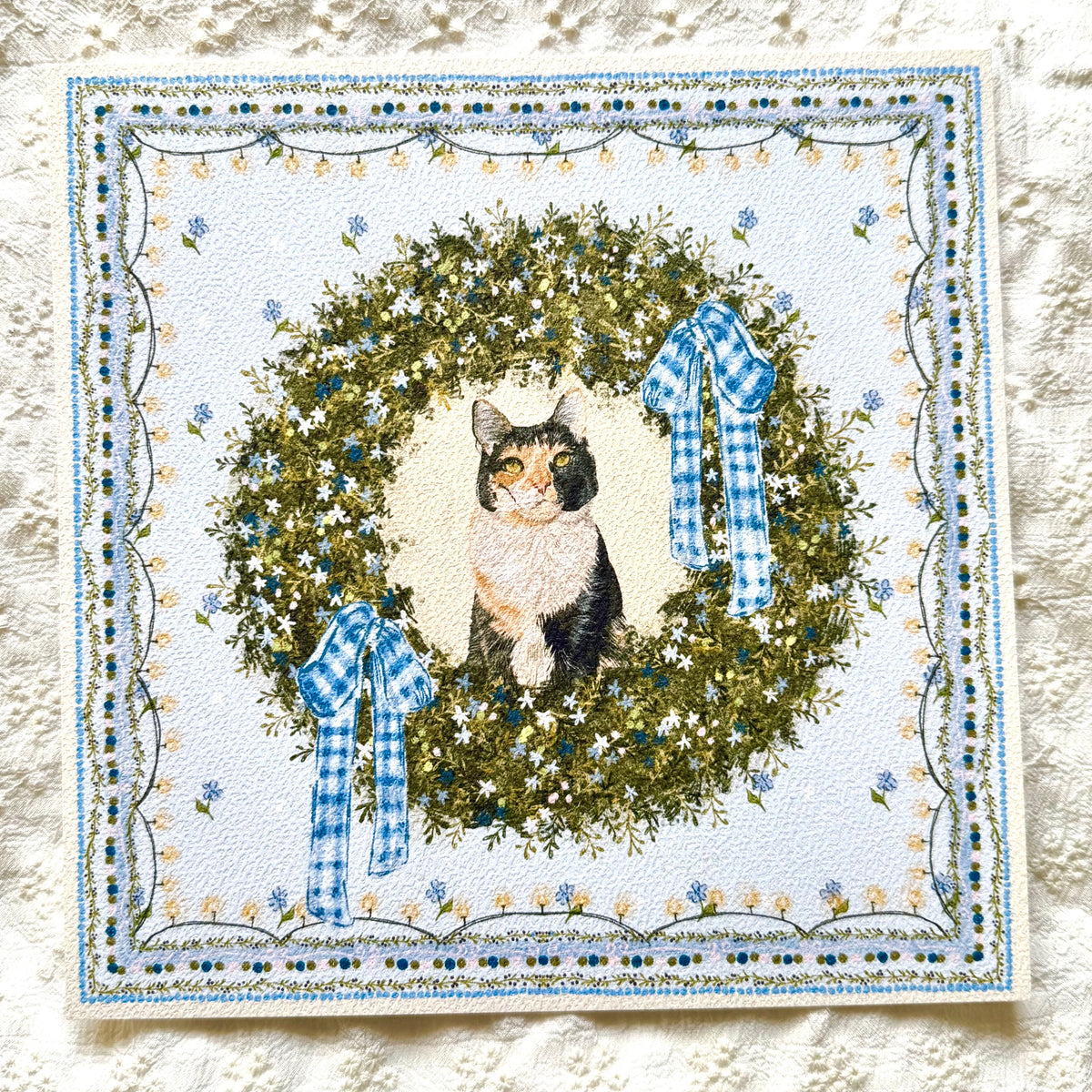 "Winter Wreath" Black, White & Orange Calico Domestic Shorthair Cat #2 Christmas Art Print