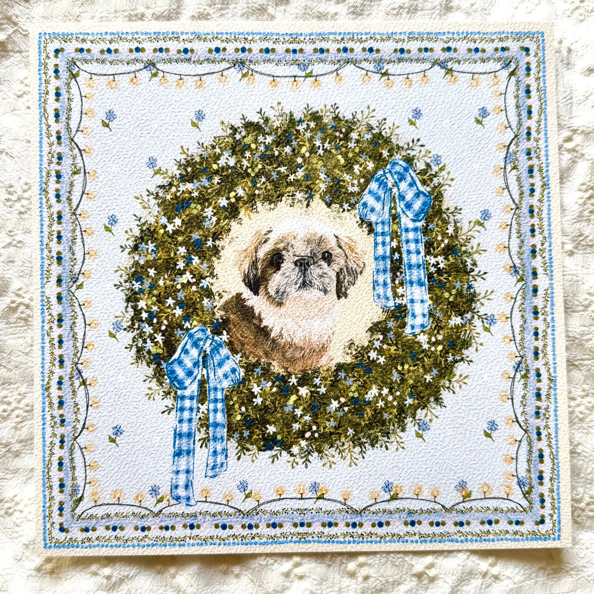 "Winter Wreath" Gold & White Shih Tzu Christmas Art Print