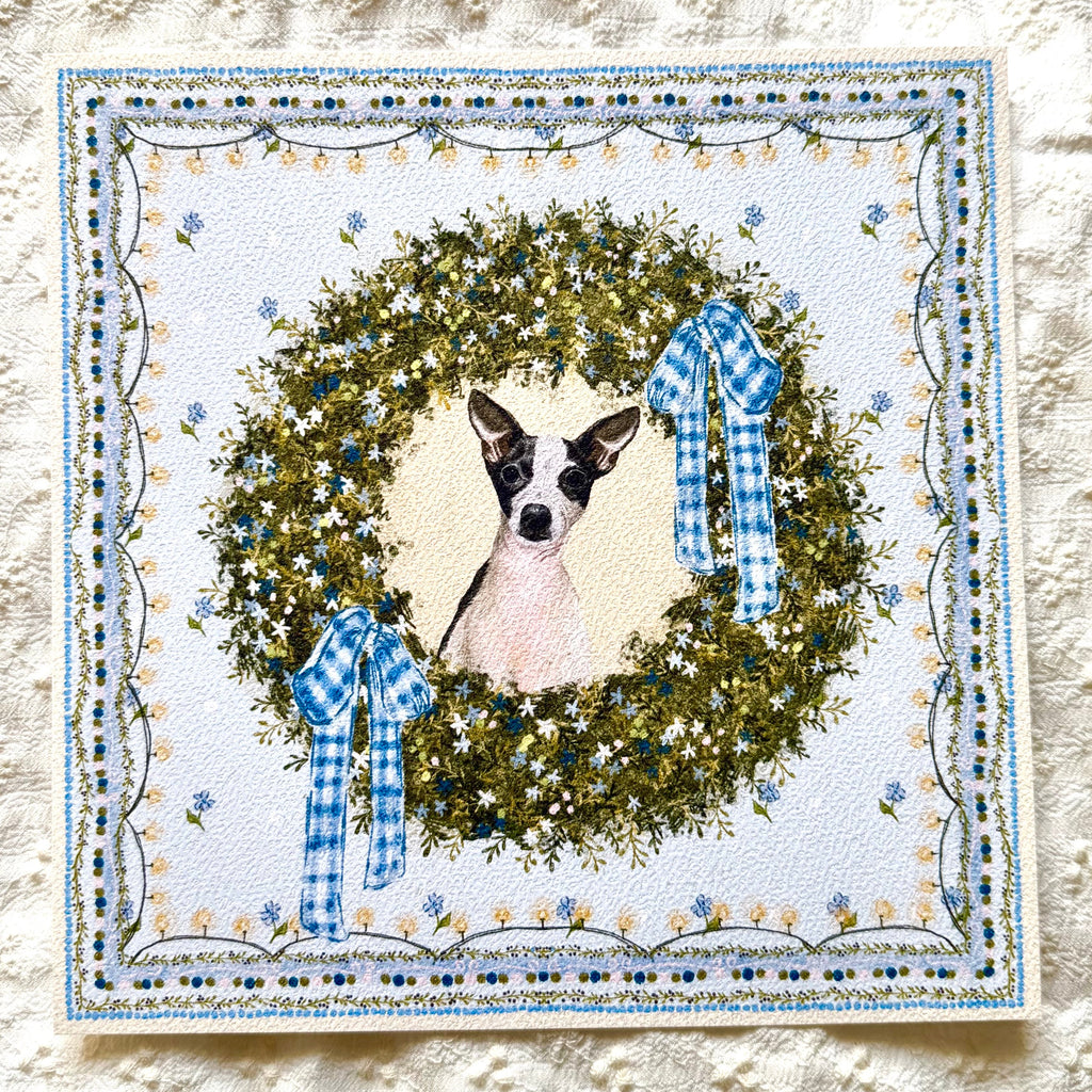 "Winter Wreath" Black & White Smooth-Haired Chihuahua Christmas Art Print