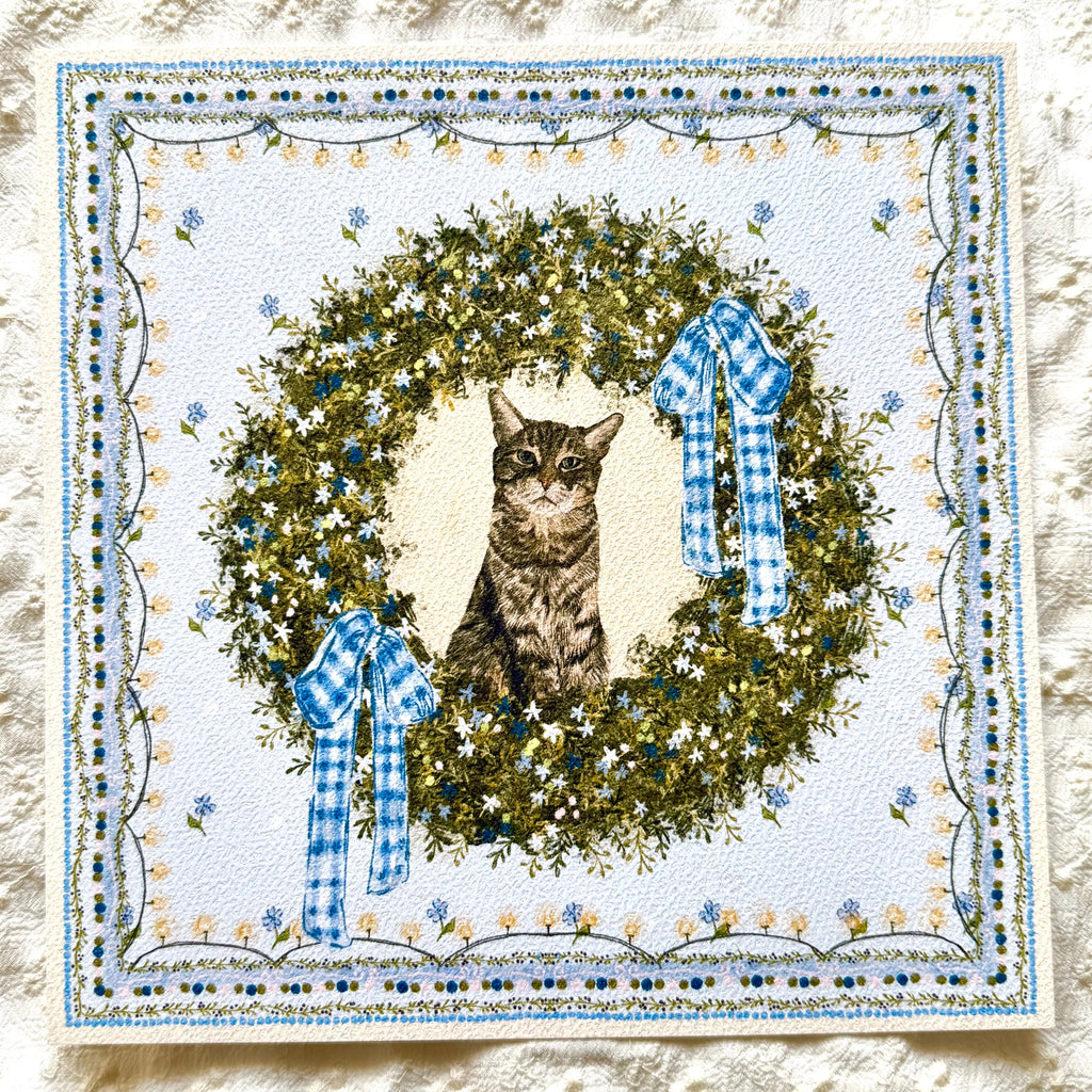 "Winter Wreath" Brown Mackerel Domestic Shorthair Cat #2 Christmas Art Print