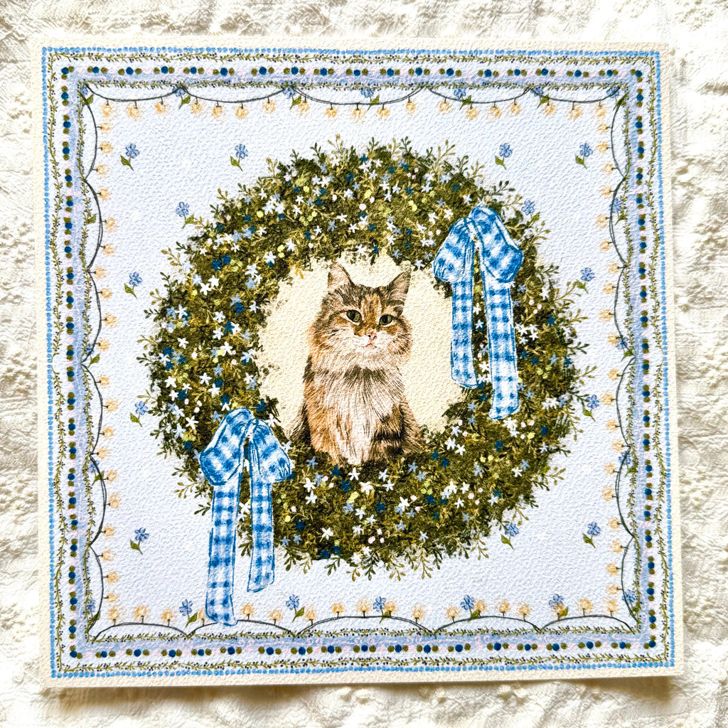 "Winter Wreath" Brown Tabby & White Domestic Long-Haired Cat Christmas Art Print
