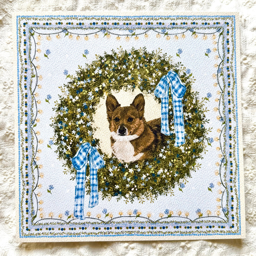 "Winter Wreath" Red & White Pembroke Welsh Corgi Christmas Art Print