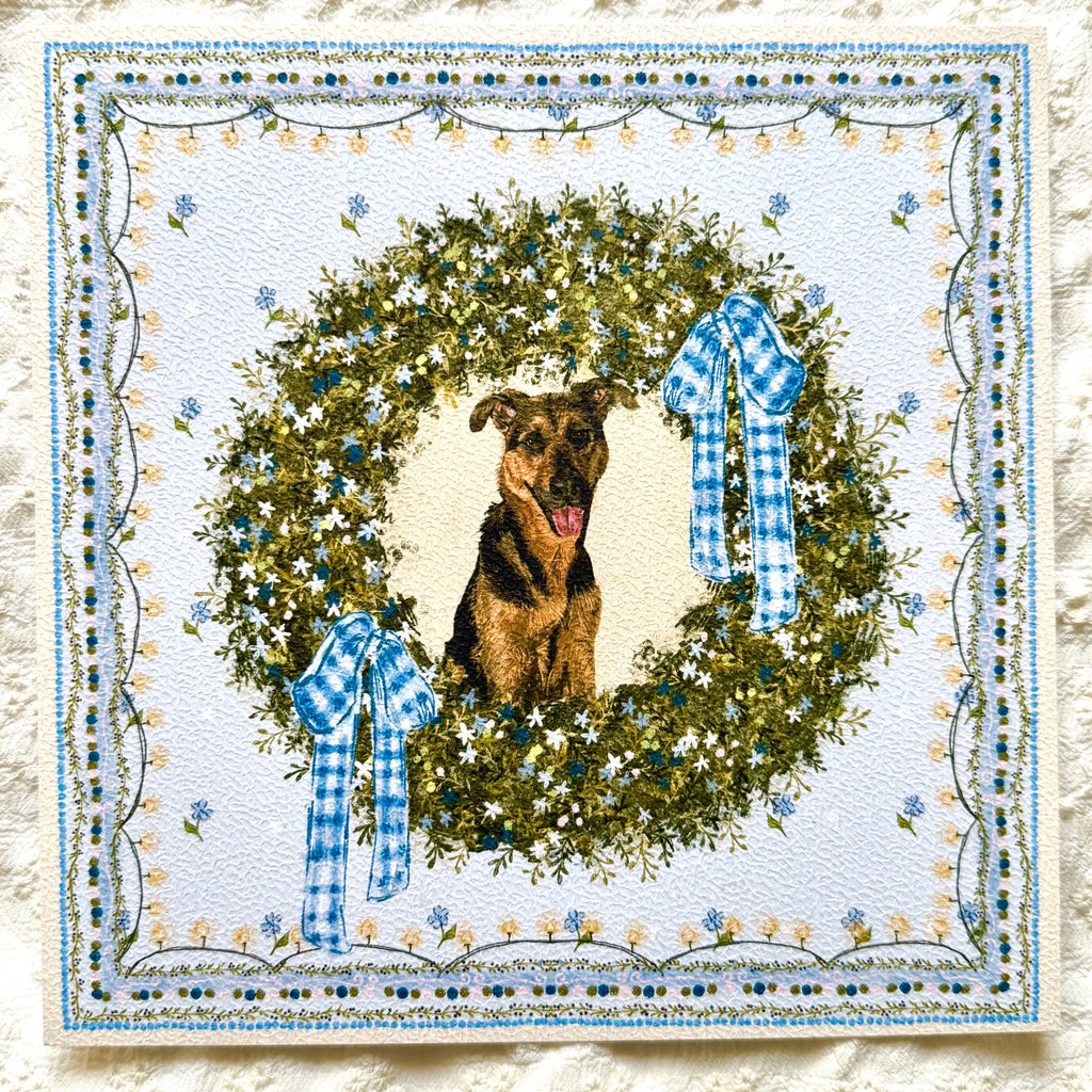 "Winter Wreath" Black & Tan German Shepherd Mix Christmas Art Print