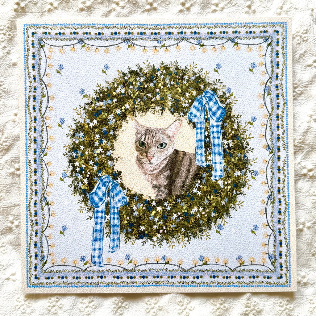 "Winter Wreath" Brown Mackerel Domestic Shorthair Cat Christmas Art Print