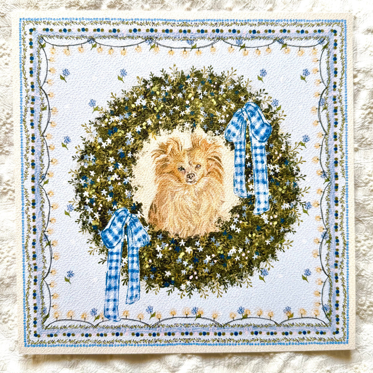 "Winter Wreath" Cream Long-Haired Chihuahua Christmas Art Print