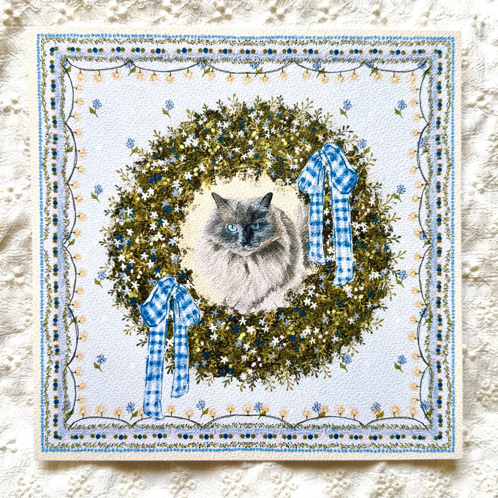 "Winter Wreath" Blue Point Ragdoll Cat Christmas Art Print