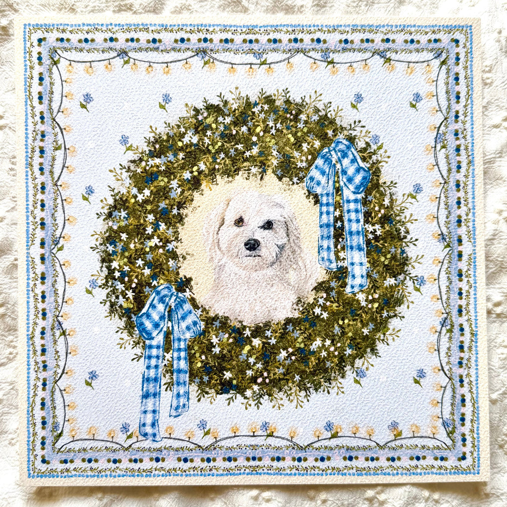 "Winter Wreath" Cream Maltipoo (Maltese x Poodle Mix) Christmas Art Print