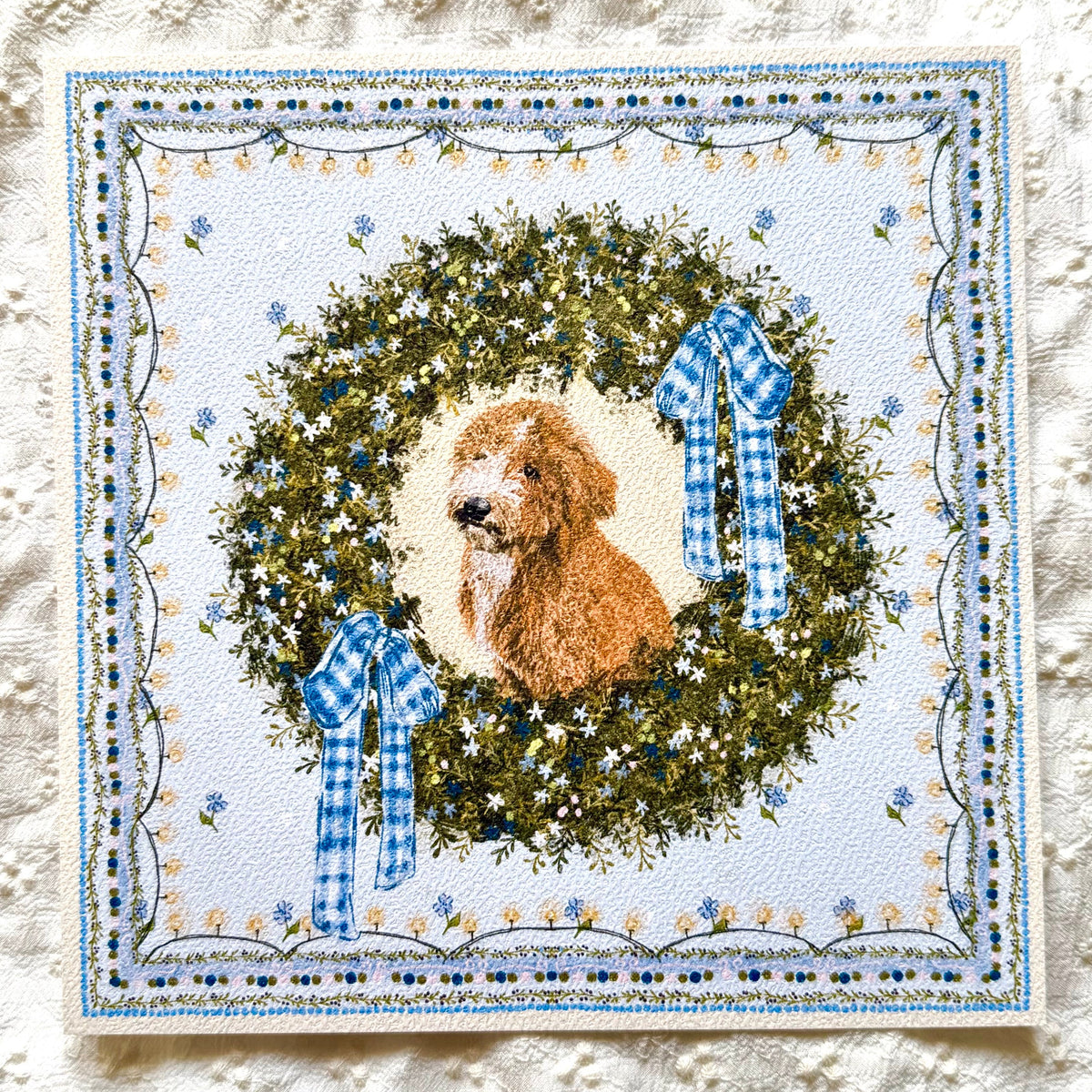 "Winter Wreath" Apricot & White Goldendoodle Christmas Art Print