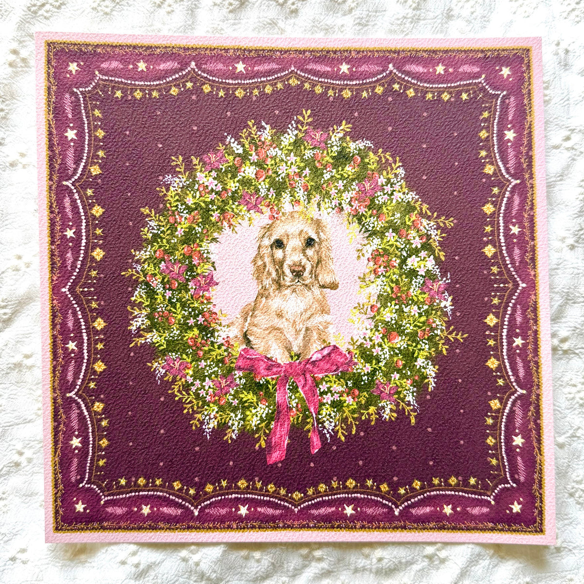 "Berry Wreath" Golden English Cocker Spaniel Christmas Art Print