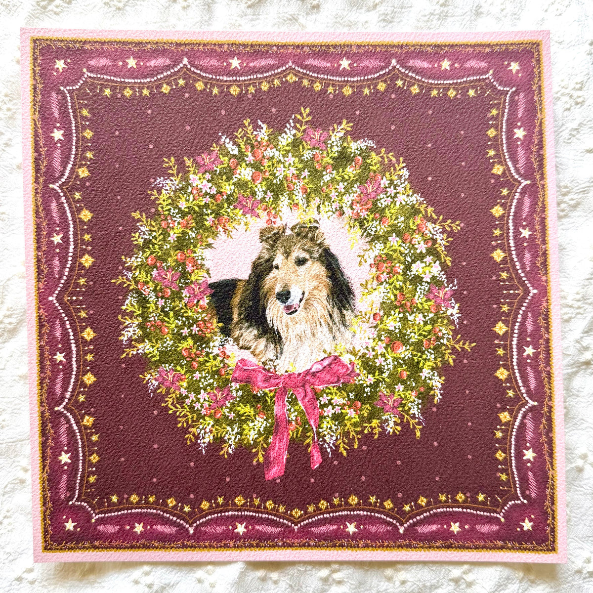 "Berry Wreath" Sable & White Rough Collie Christmas Art Print