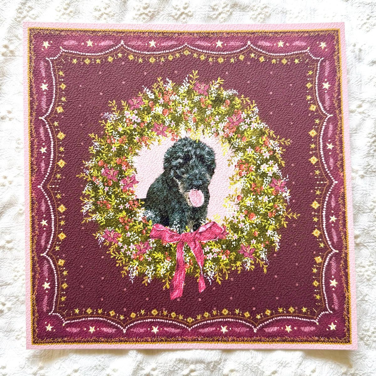 "Berry Wreath" Black Labradoodle Christmas Art Print