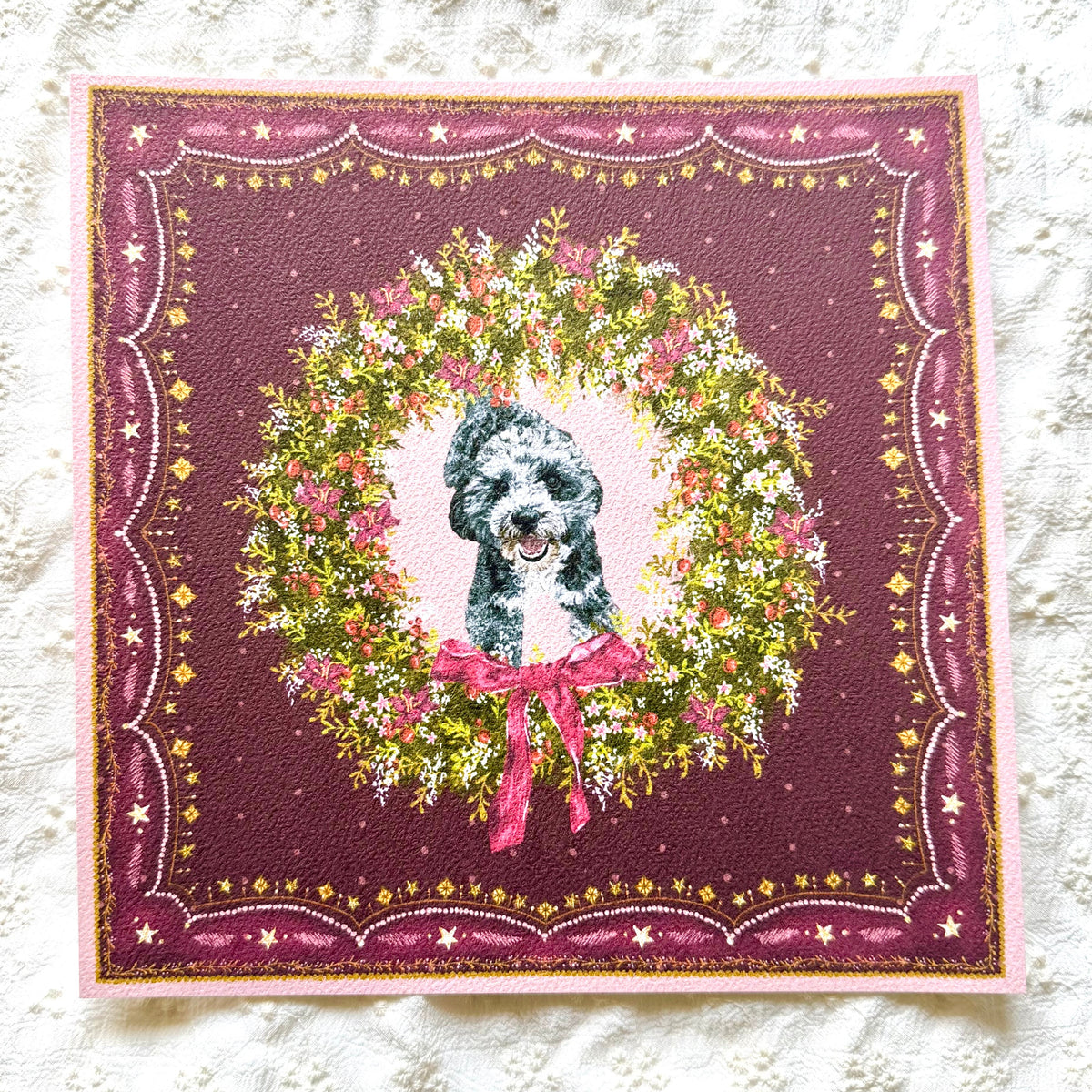 "Berry Wreath" Blue Merle Cockapoo Christmas Art Print