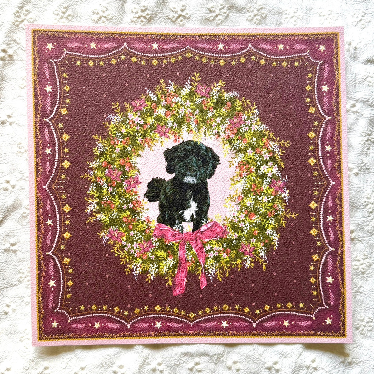 "Berry Wreath" Black & White Shih-Poo (Shih Tzu x Poodle) Christmas Art Print