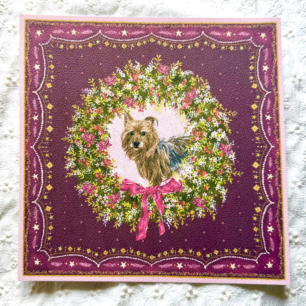 "Berry Wreath" Blue & Tan Yorkshire Terrier Christmas Art Print
