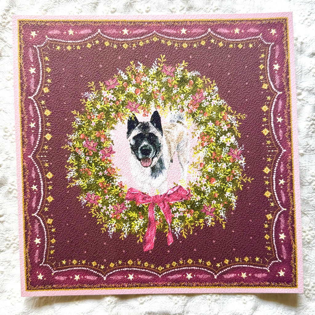 "Berry Wreath" Silver & White (with Black Mask) American Akita Christmas Art Print