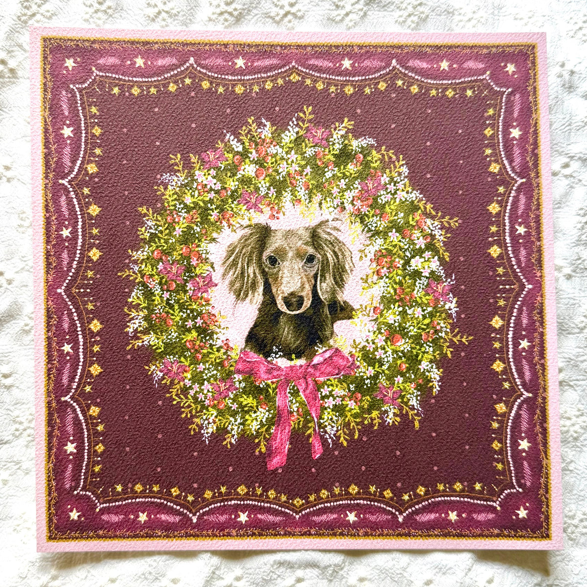 "Berry Wreath" Chocolate Dapple Long-Haired Dachshund Christmas Art Print
