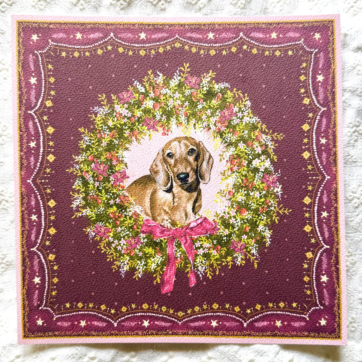 "Berry Wreath" Red Smooth-Haired Dachshund Christmas Art Print