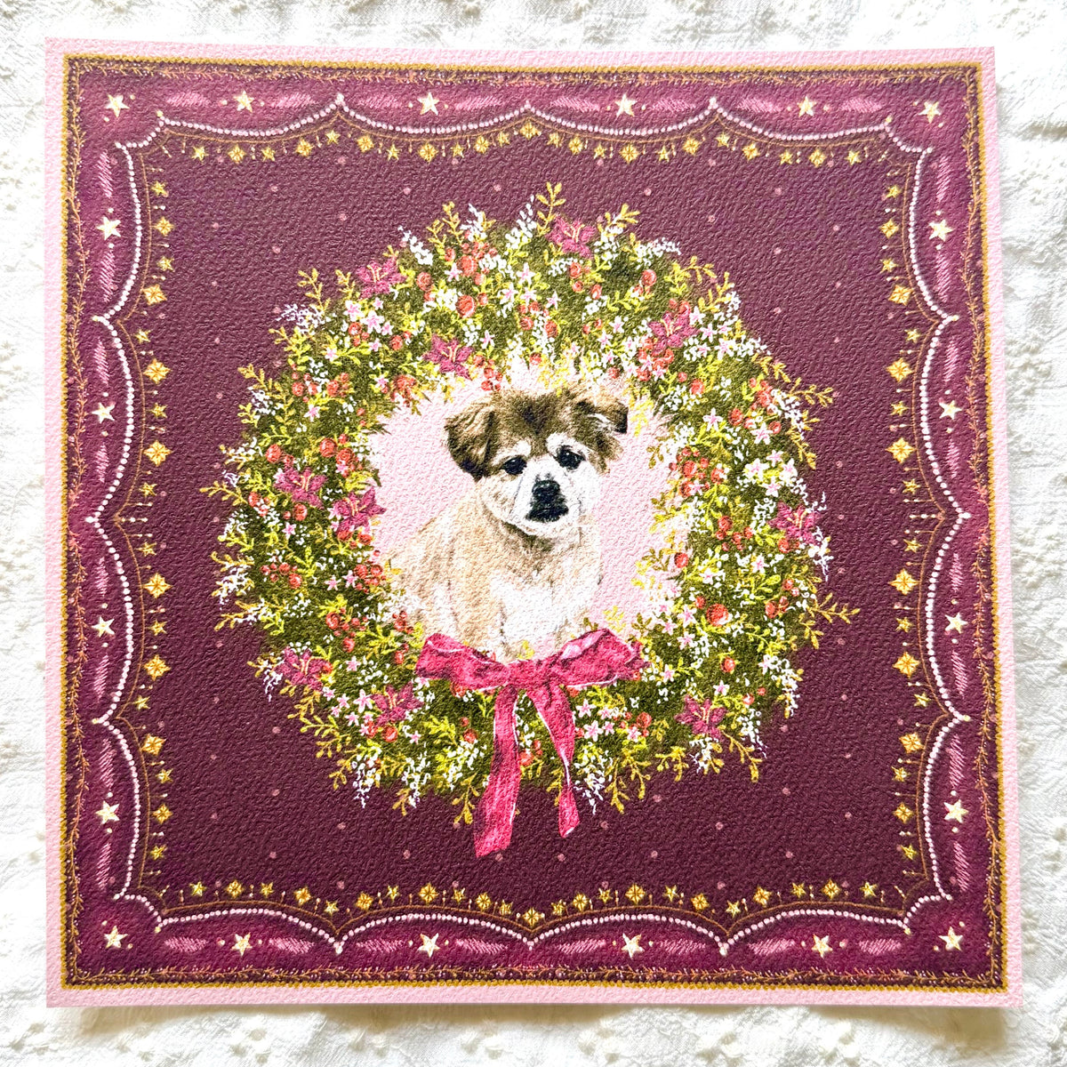 "Berry Wreath" Cream & Tan Shiranian (Pomeranian x Shih Tzu) Christmas Art Print