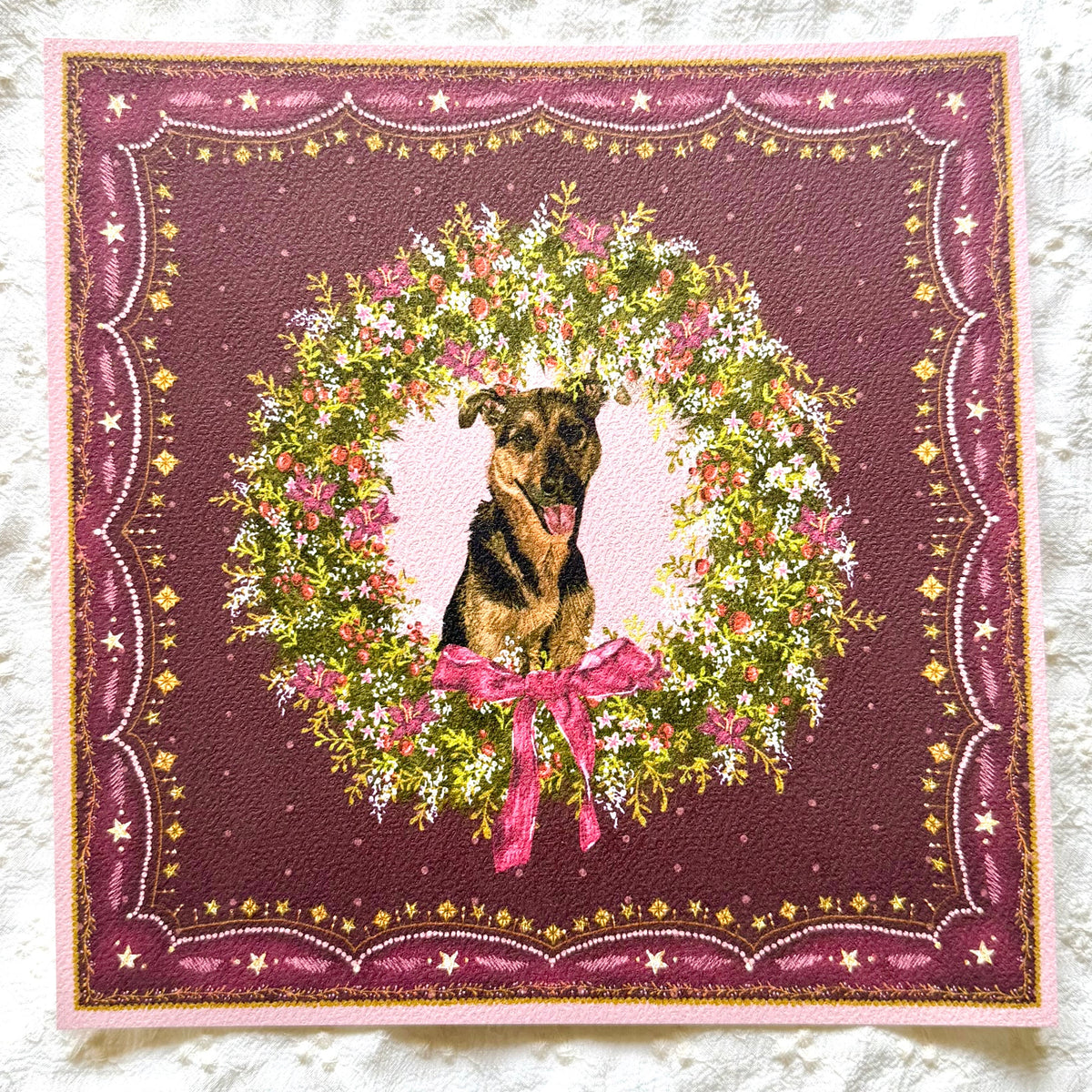 "Berry Wreath" Black & Tan German Shepherd Mix Christmas Art Print