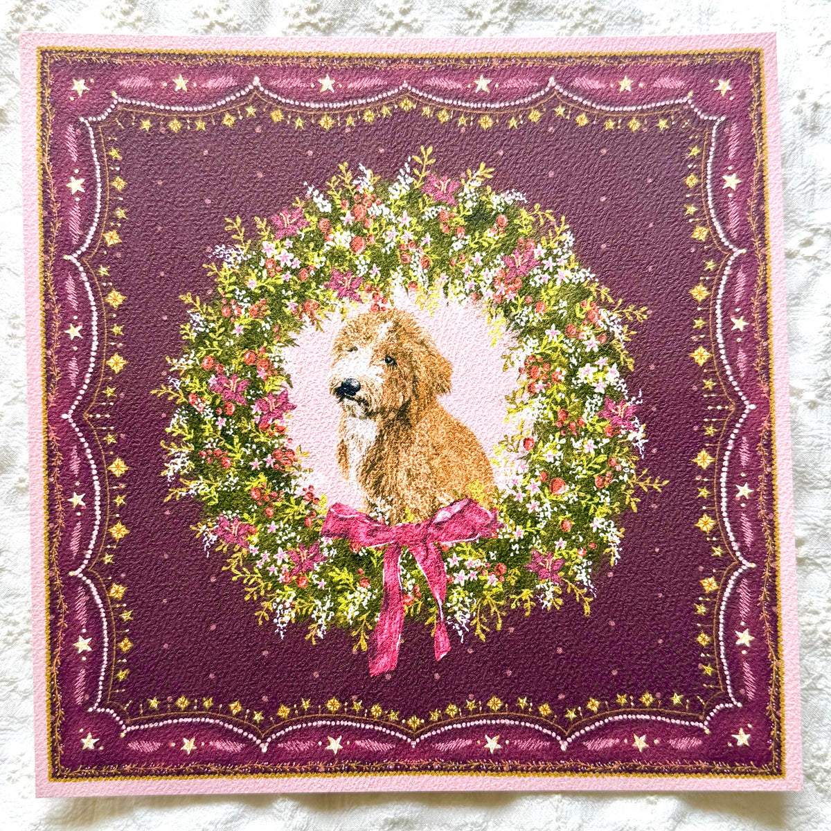 "Berry Wreath" Apricot & White Goldendoodle Christmas Art Print