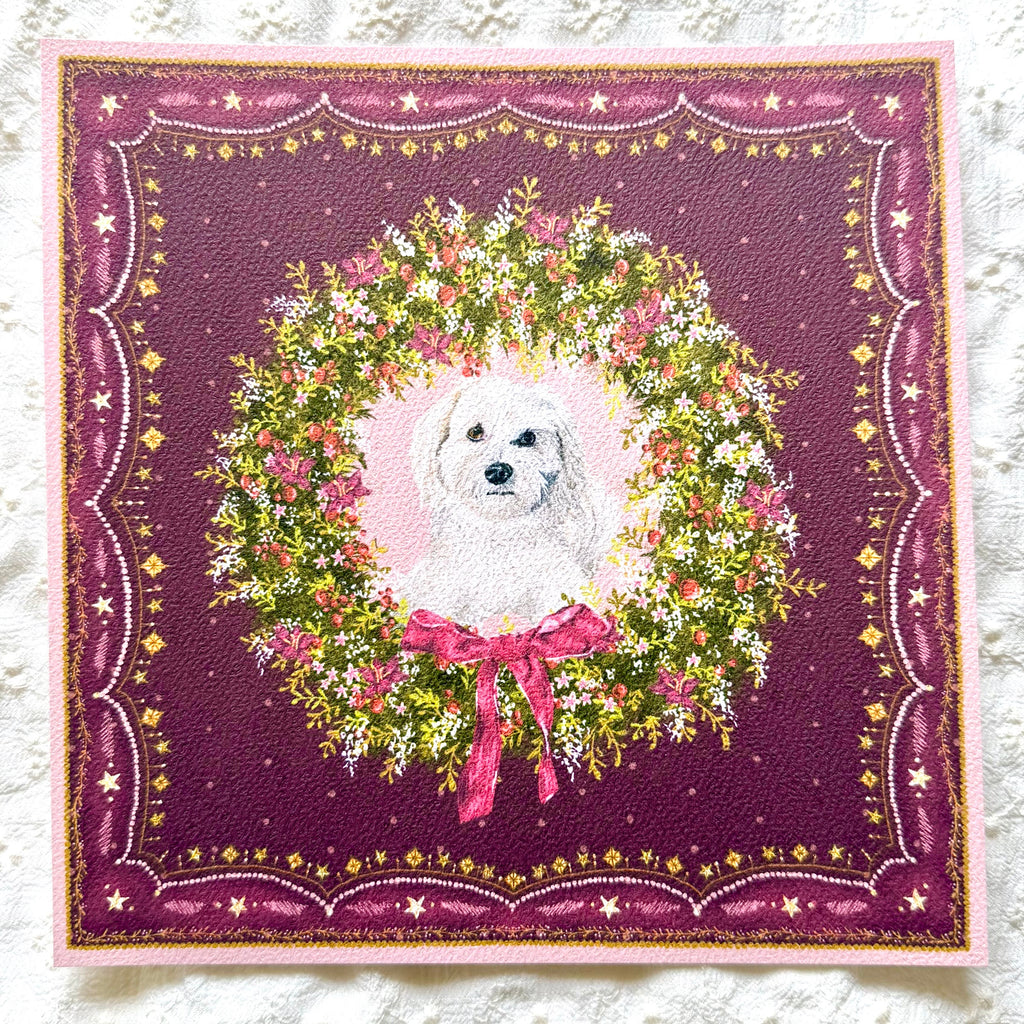 "Berry Wreath" Cream Maltipoo (Maltese x Poodle Mix) Christmas Art Print
