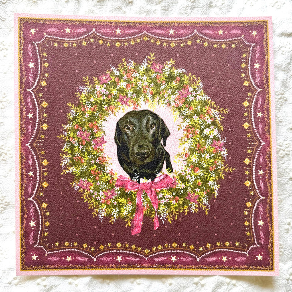"Berry Wreath" Black Labrador Retriever Christmas Art Print
