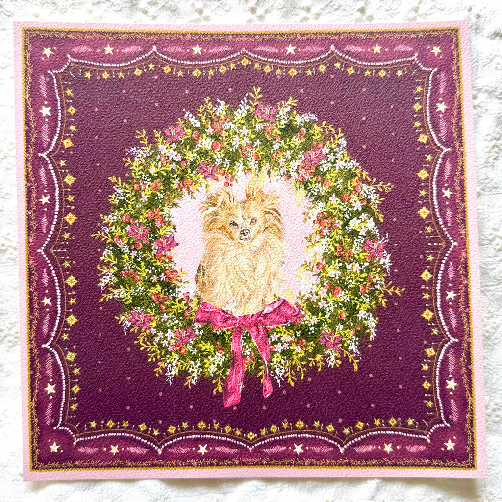 "Berry Wreath" Cream Long-Haired Chihuahua Christmas Art Print