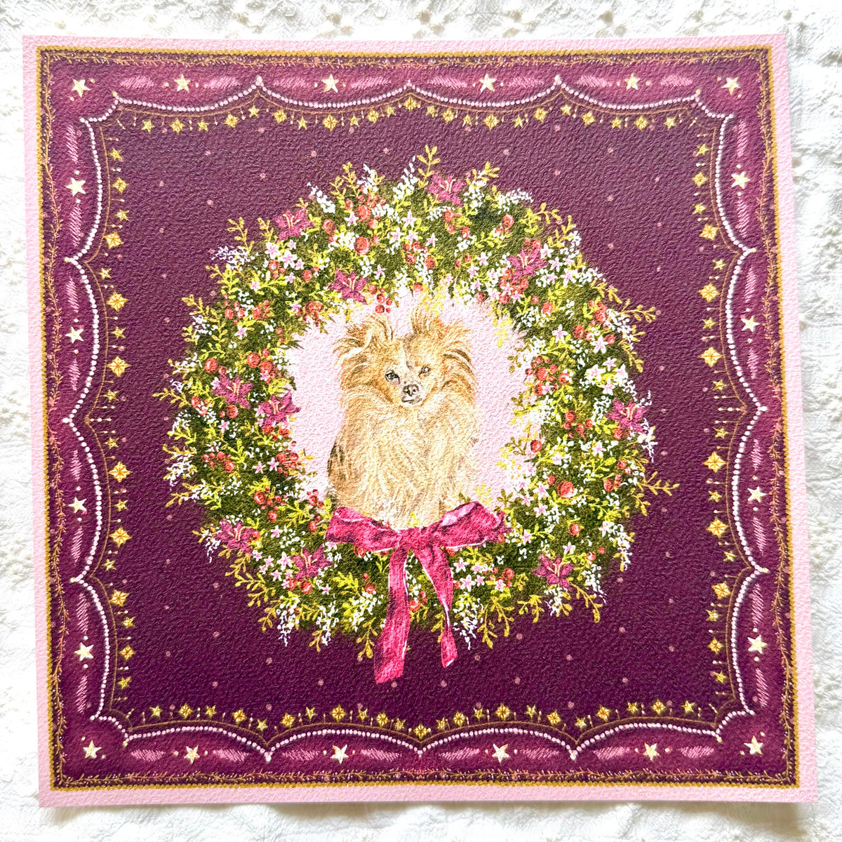 "Berry Wreath" Cream Long-Haired Chihuahua Christmas Art Print