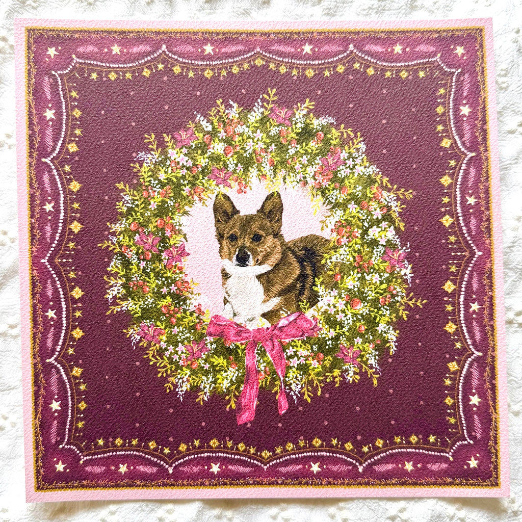 "Berry Wreath" Red & White Pembroke Welsh Corgi Christmas Art Print
