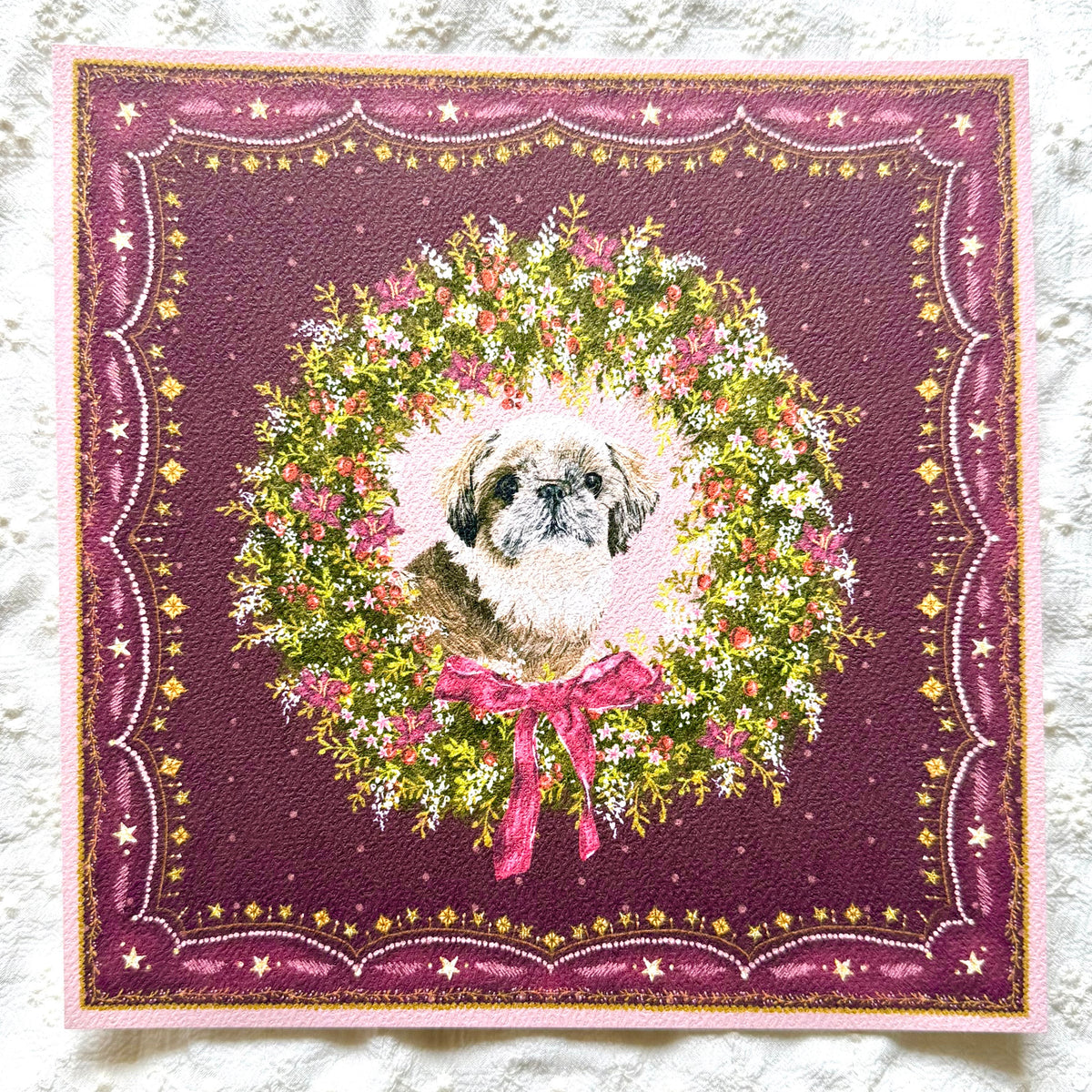 "Berry Wreath" Gold & White Shih Tzu Christmas Art Print